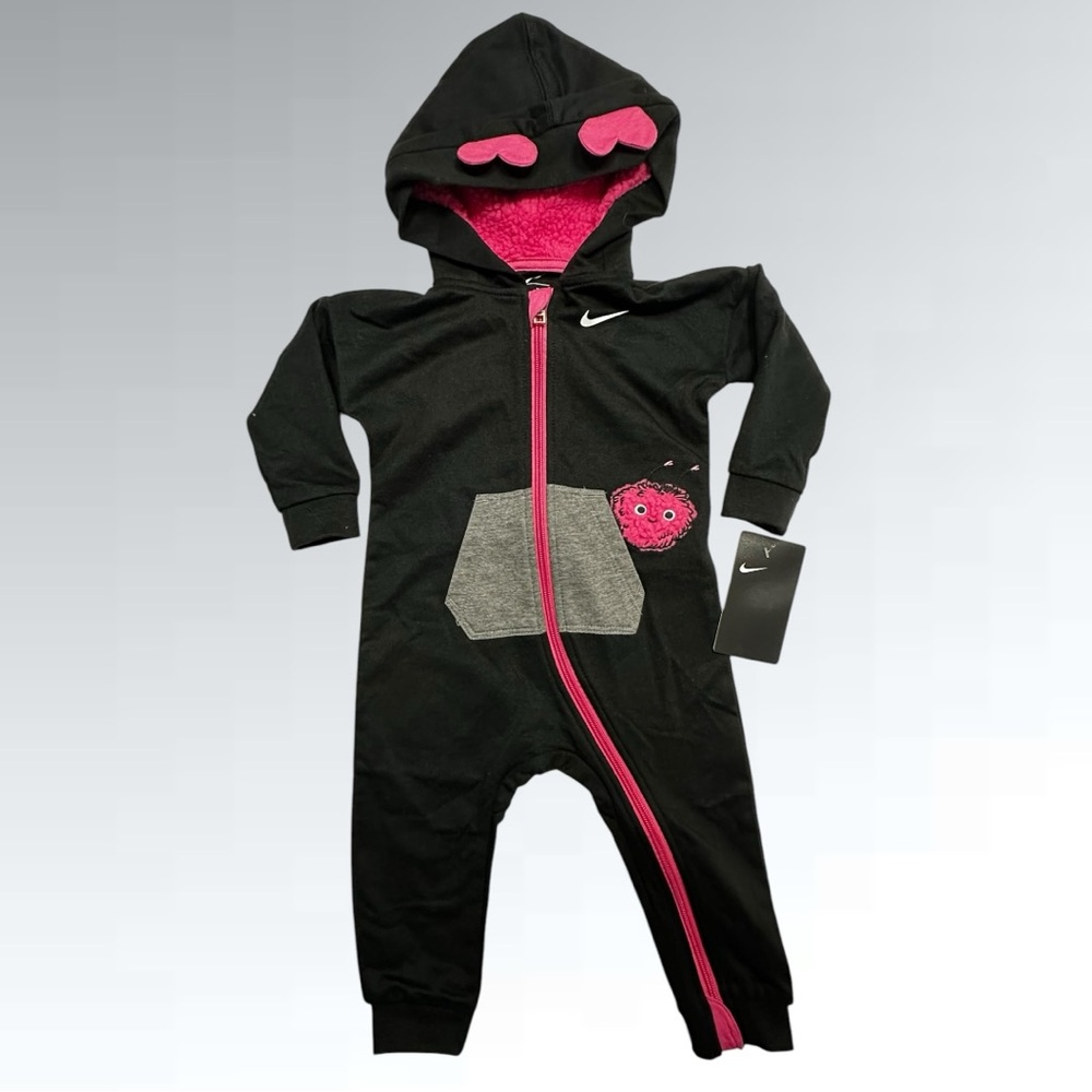 NWT, Nike Hooded Long-Sleeved Coverall, Black & Pink / Size: 12 Months